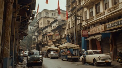 A nostalgic street scene unfolds with vintage cars parked along old buildings, transporting viewers to a bygone era in urban history.