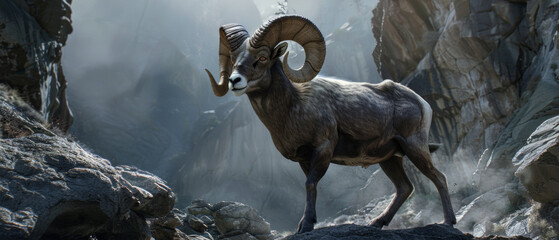 Majestic bighorn sheep stands on a rocky outcrop in the wild.
