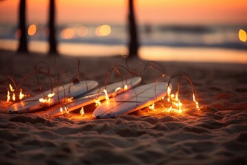 Surfing Beach Bonfire: Bokeh lights on a beach with surfboards.