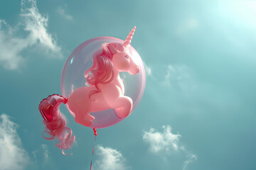 Globo con unicornio dentro rosa flotando por los aires, con el cielo azul muy iluminado, celebración, nacimiento, cumpleaños, sueños de niñas, la imaginación es el límite, recurso gráfico espacio copy