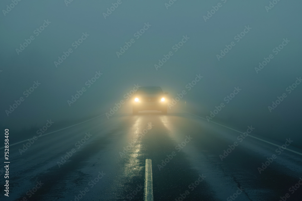 Poster car is driving through the fog. poor visibility. created with generative ai technology.