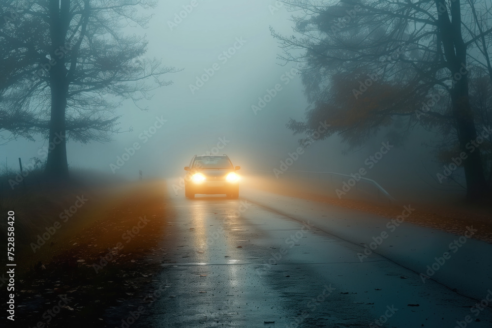Poster car is driving through the fog. poor visibility. created with generative ai technology.