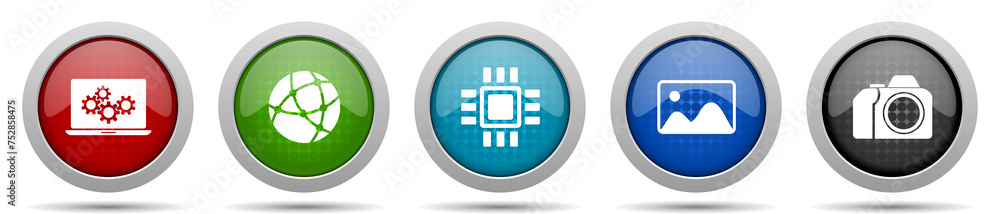 Poster computer and technology icons, miscellaneous buttons such as laptop, network, chip, image and photo 
