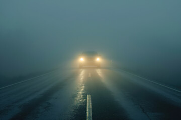 Car is driving through the fog. Poor visibility. Created with Generative AI technology.