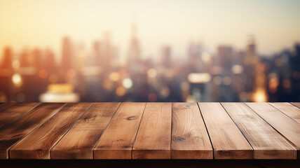 Wooden table on blurred city background. - obrazy, fototapety, plakaty