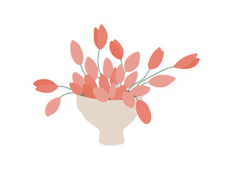 Bouquet of pink tulips in large ceramic vase. Spring flower vector illustration. Flowers arrangement, floral design, trendy interior home decor. Blossom bunch in porcelain pot, art of arranging blooms