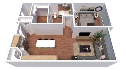 3d Floor plan for one bedroom interior design. 