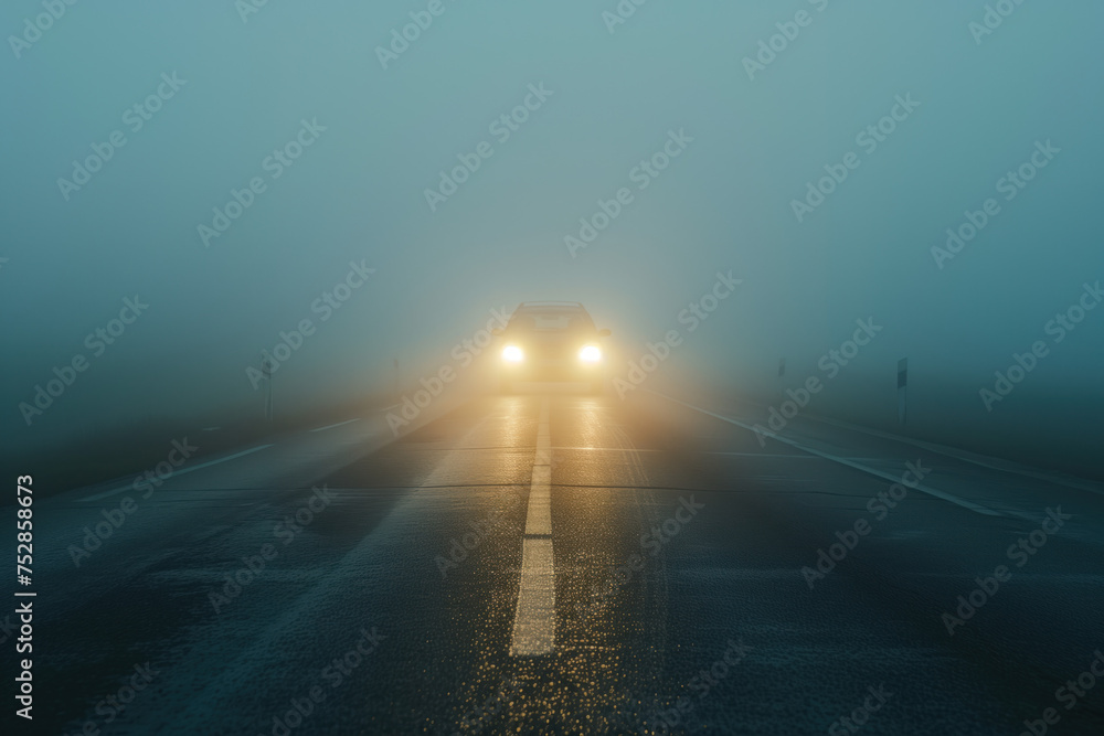 Poster car is driving through the fog. poor visibility. created with generative ai technology.