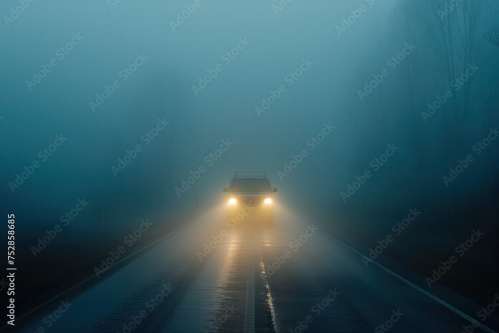 Poster car is driving through the fog. poor visibility. created with generative ai technology.