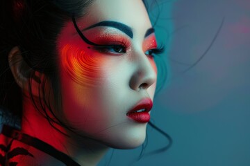Woman Illuminated by Red Light. Generative AI