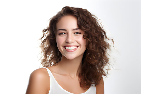 Beautiful girl smiling at camera with beautiful smile on face in a white background