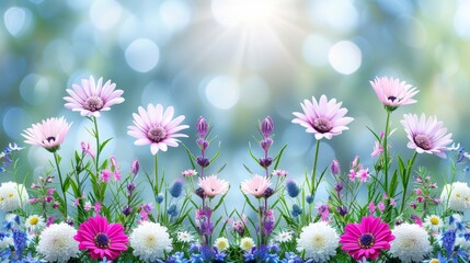 Vibrant spring flower meadow under blue sky with blurred background and copy space for text