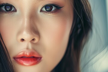 Close Up of Womans Face With Blue Eyes. Generative AI