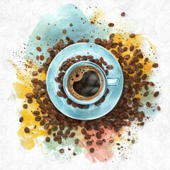 Image of cup of Black Watercolor coffee with beans printed on Printed Glass Splashbacks
