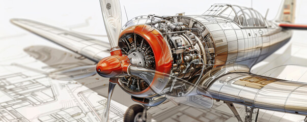 A detailed engineering illustration of an aircraft motor focusing on the aerodynamics of propellers and the mechanics of flight