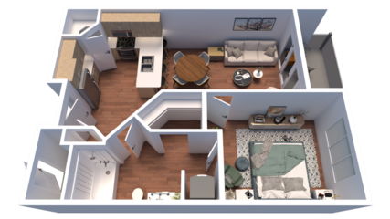 3d Floor plan for One Bedroom Top view interior design. Visualizations.