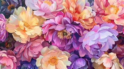 Vibrant blooms in shades of pink purple and yellow with delicate petals