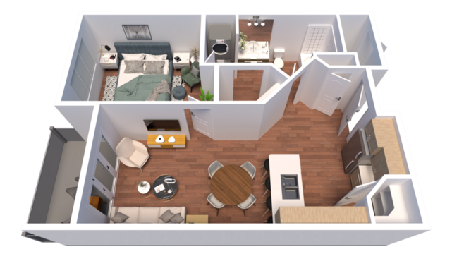 3d Floor plan for One Bedroom Top view interior design. Visualizations.
