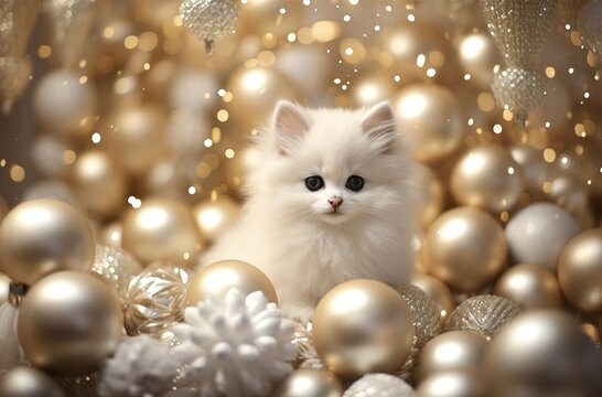 A cute white kitten nestles among shimmering golden and silver ornaments, embodying the enchanting spirit of Christmas. Generative AI.