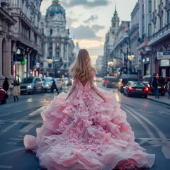 A stunning lady in an elaborate pink gown is walking through an architectural rich cityscape