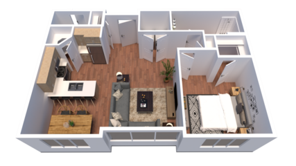 3d Floor plan for One Bedroom Top view interior design. Visualizations.