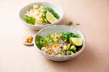 Healthy vegan poke with edamame beans and seaweed