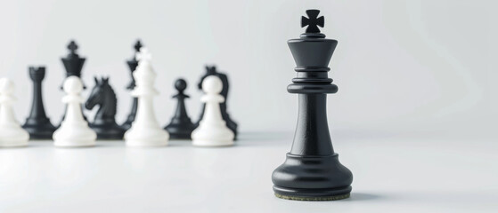 A single black king chess piece stands tall among white counterparts.