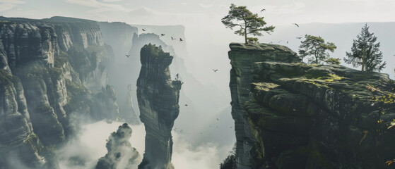 Majestic cliffs with misty abyss and soaring birds under a hazy sky.