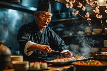 Japanese chef cooking sushi in a restaurant. Selective focus on the chef. Japanese Cuisine Concept...