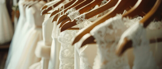 Row of elegant wedding dresses hanging gently, awaiting the celebration. - obrazy, fototapety, plakaty