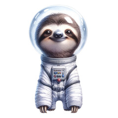 Fototapeta premium A watercolor style chibi cartoon illustration of a sloth wearing a spacesuit exploring outer space on white background.