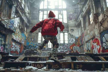 A person wearing a red jacket stands in front of vibrant graffiti on a wall in an urban setting.