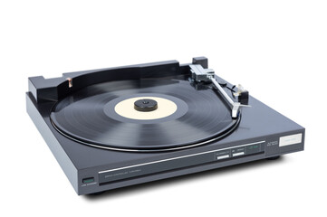 Old vinyl automatic player in work, isolated on a transparent background png.