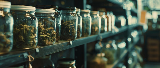 Shelves lined with jars of dried herbs in a mystical apothecary setting. - obrazy, fototapety, plakaty