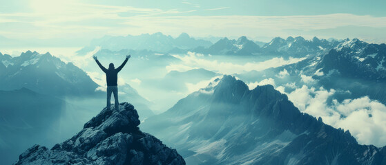 Triumphant hiker celebrates atop a mountain peak, surrounded by a breathtaking cloud-filled vista. - obrazy, fototapety, plakaty