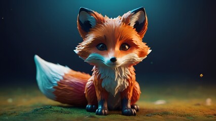 An illustration of a fox sitting on a green, moss-covered surface is depicted, with the fox in a three-quarters view. The fox features big, round, bright eyes that blend light green and brown, with br - obrazy, fototapety, plakaty