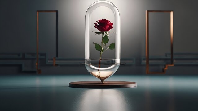 The image features a red rose centered inside a glass dome, which is positioned on a wooden platform. The platform appears to be placed on a surface that has a greenish sheen. In the background, a dar