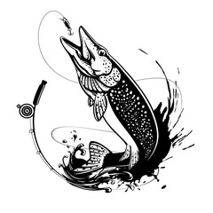 Pike fish fishing emblem. Isolated detailed pike vector logo. Handdrawn fishing theme. - obrazy, fototapety, plakaty