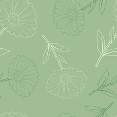 Floral seamless pattern. Beautiful flowers on green background. Vector line art illustration.