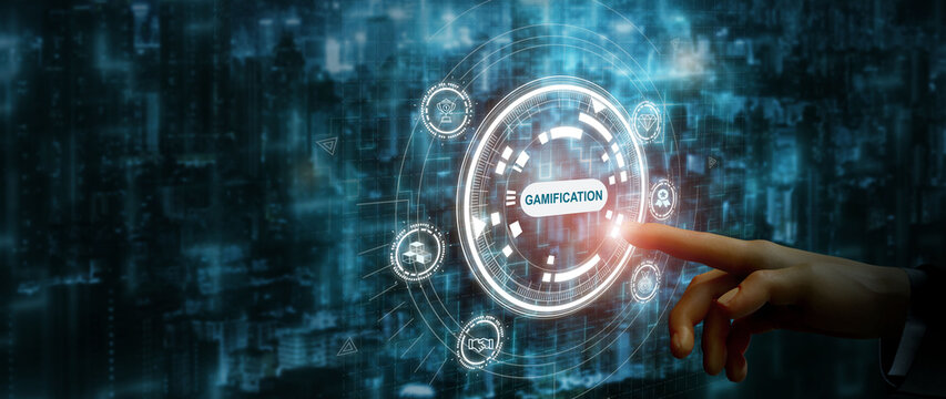 Gamification, game design concept. Using game mechanics points, levels, rewards to engage and motivate individuals to achieve goals. Fun and competition, increasing engagement, improving learning.