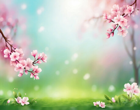 Pink sakura blossoms bloom on a tree branch, creating a beautiful spring background