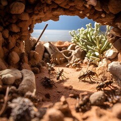 Showing the industrious nature of ants within the opening of their subterranean dwelling