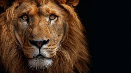 a lion close-up portrait looking direct in camera with low-light, black backdrop --ar 16:9 --style raw Job ID: 77ba4917-9992-4db2-8c6d-60531c79a9f5