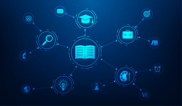 e learning education online digital technology with icon on blue background. internet lessons and teaching with symbol. knowledge learning network concept.  vector illustration flat design.