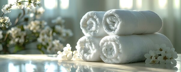 An elegant display of a fresh white towel in a tranquil spa environment. Concept Spa Towel Display, Tranquil Setting, Fresh White Design