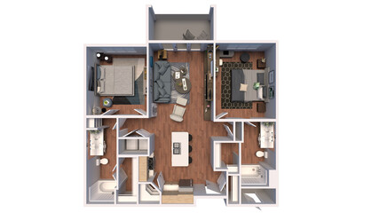 3D Floor Plan for Two Bedroom and Two Bathroom Interior Design Visualization. 