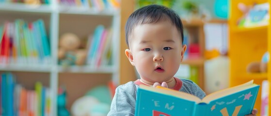 Cute toddler reading a book 