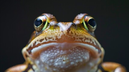 Fototapeta premium a frog close-up portrait looking direct in camera with low-light, black backdrop 