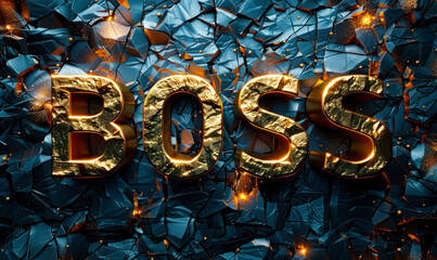 Impactful BOSS text in bold golden 3D letters against a textured crumpled dark background, symbolizing strong leadership and executive authority