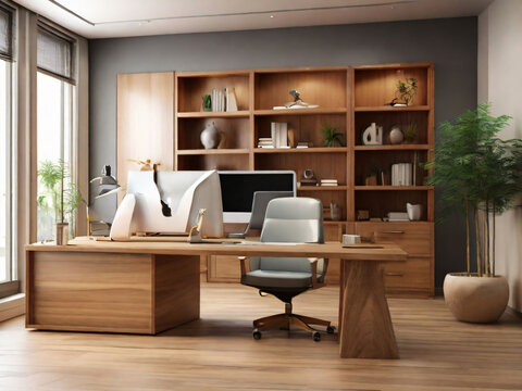 Wooden office interior with narrow tables and blank wall.